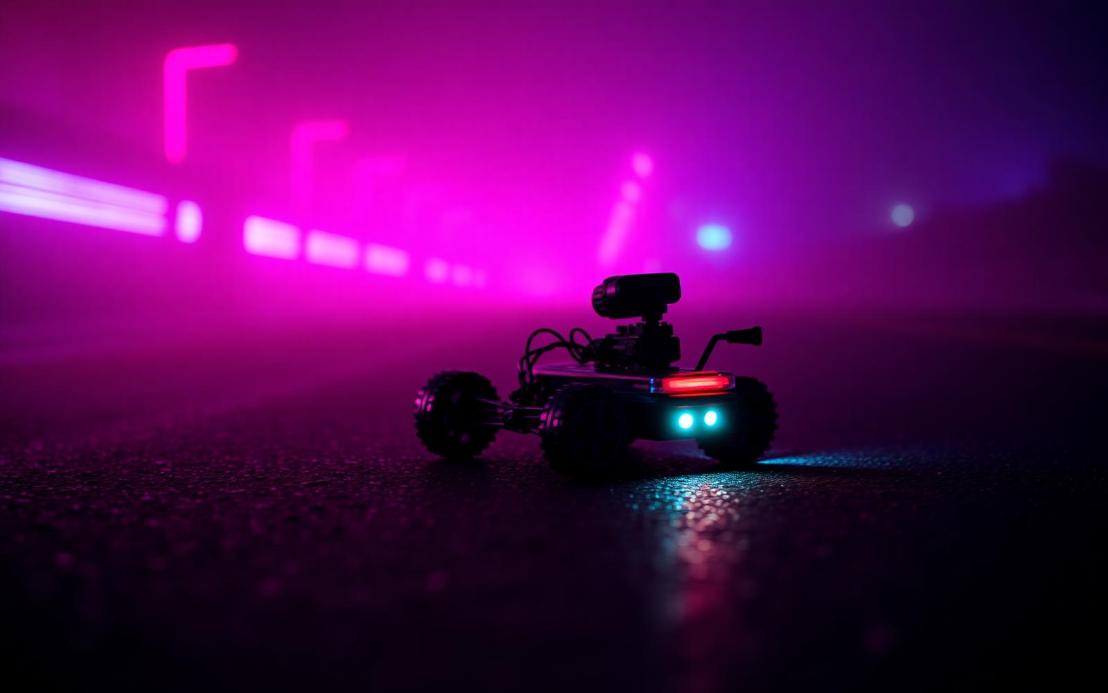 Voiture RC avec caméra FPV posée à côté d'un volant sim racing
